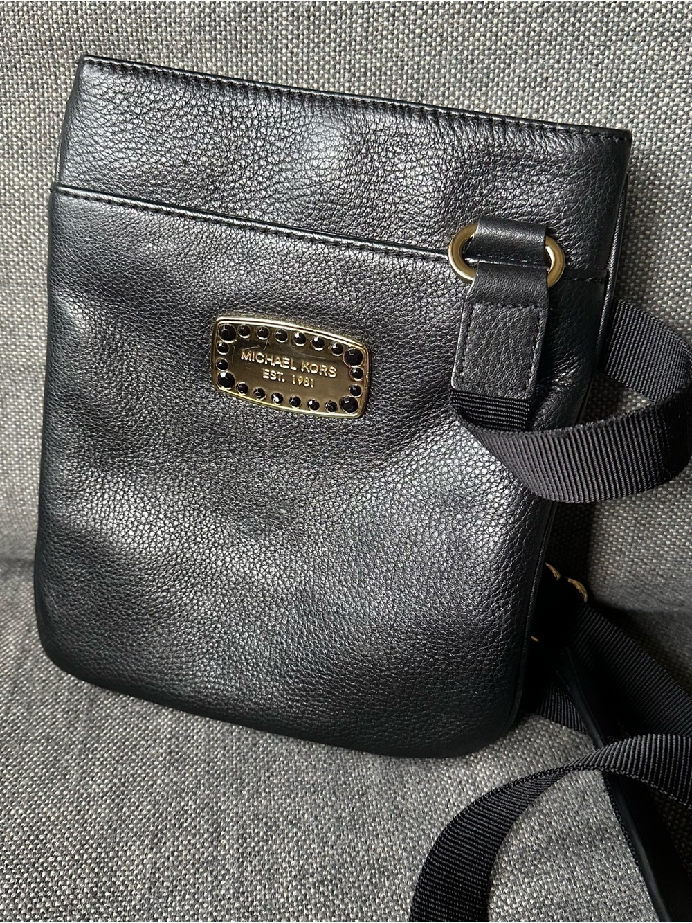 Michael Kors Black Leather Crystal Logo Crossbody